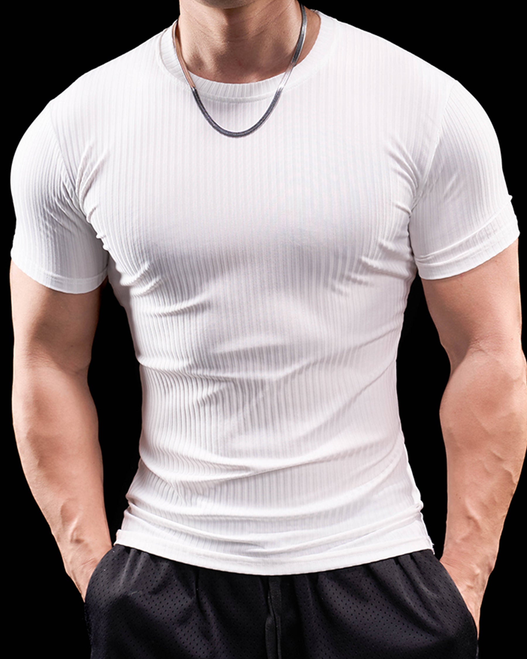 High Stretch Ribbed Stripe Crew Neck Tee
