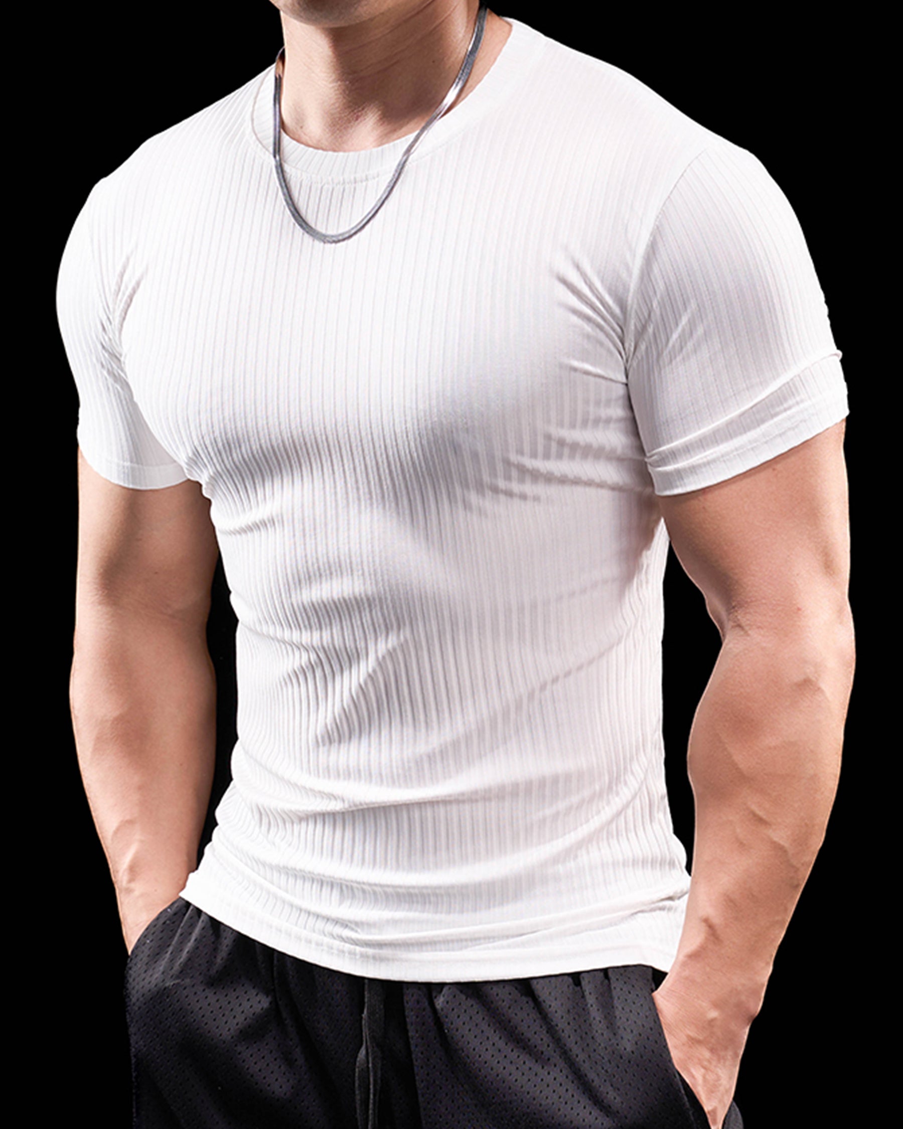High Stretch Ribbed Stripe Crew Neck Tee