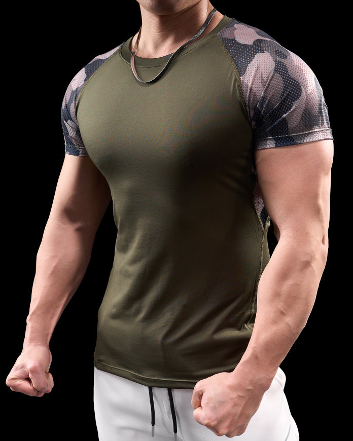 Camo Raglan Mesh Sleeves High Stretch Tee