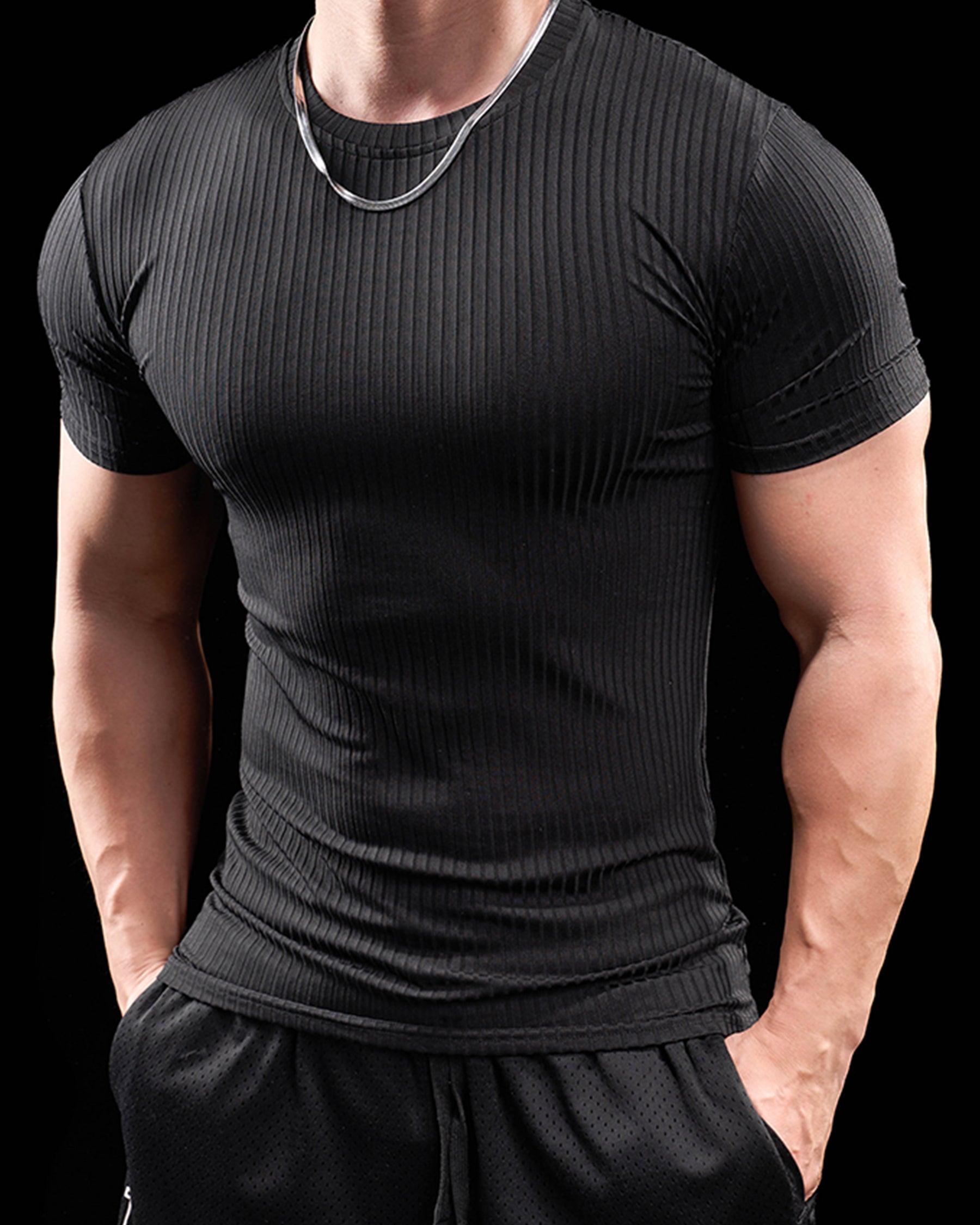 High Stretch Ribbed Stripe Crew Neck Tee