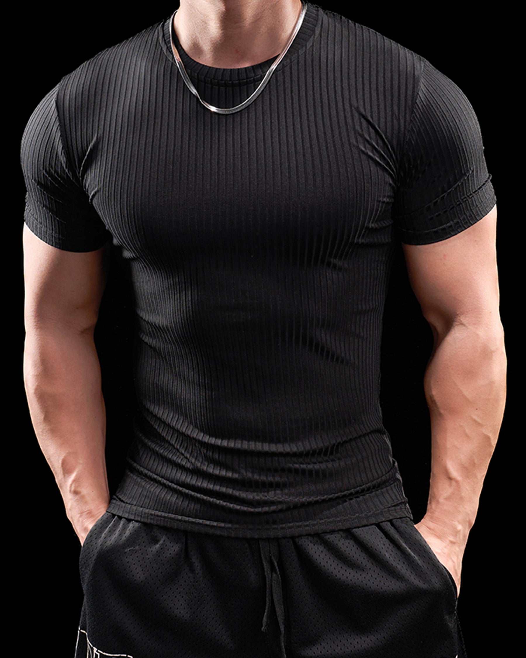 High Stretch Ribbed Stripe Crew Neck Tee