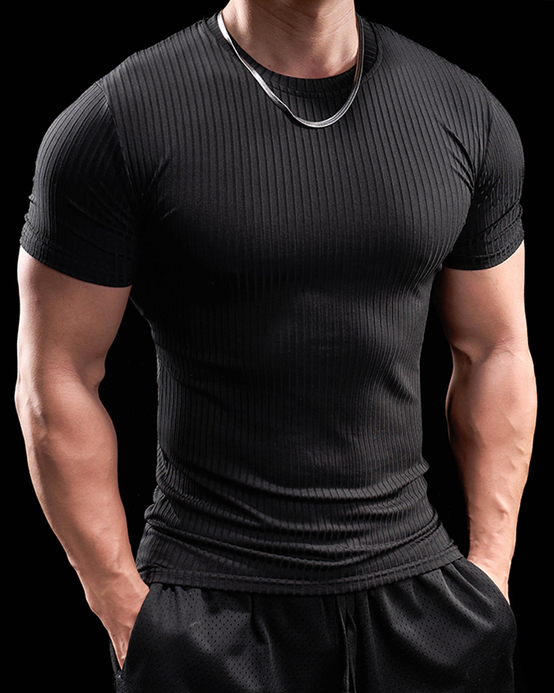 High Stretch Ribbed Stripe Crew Neck Tee
