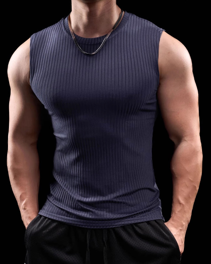 High Stretch Ribbed Stripe Crew Neck Vest