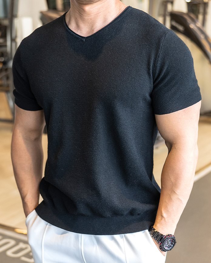 Classic V-Neck Knit Tee Short Sleeves