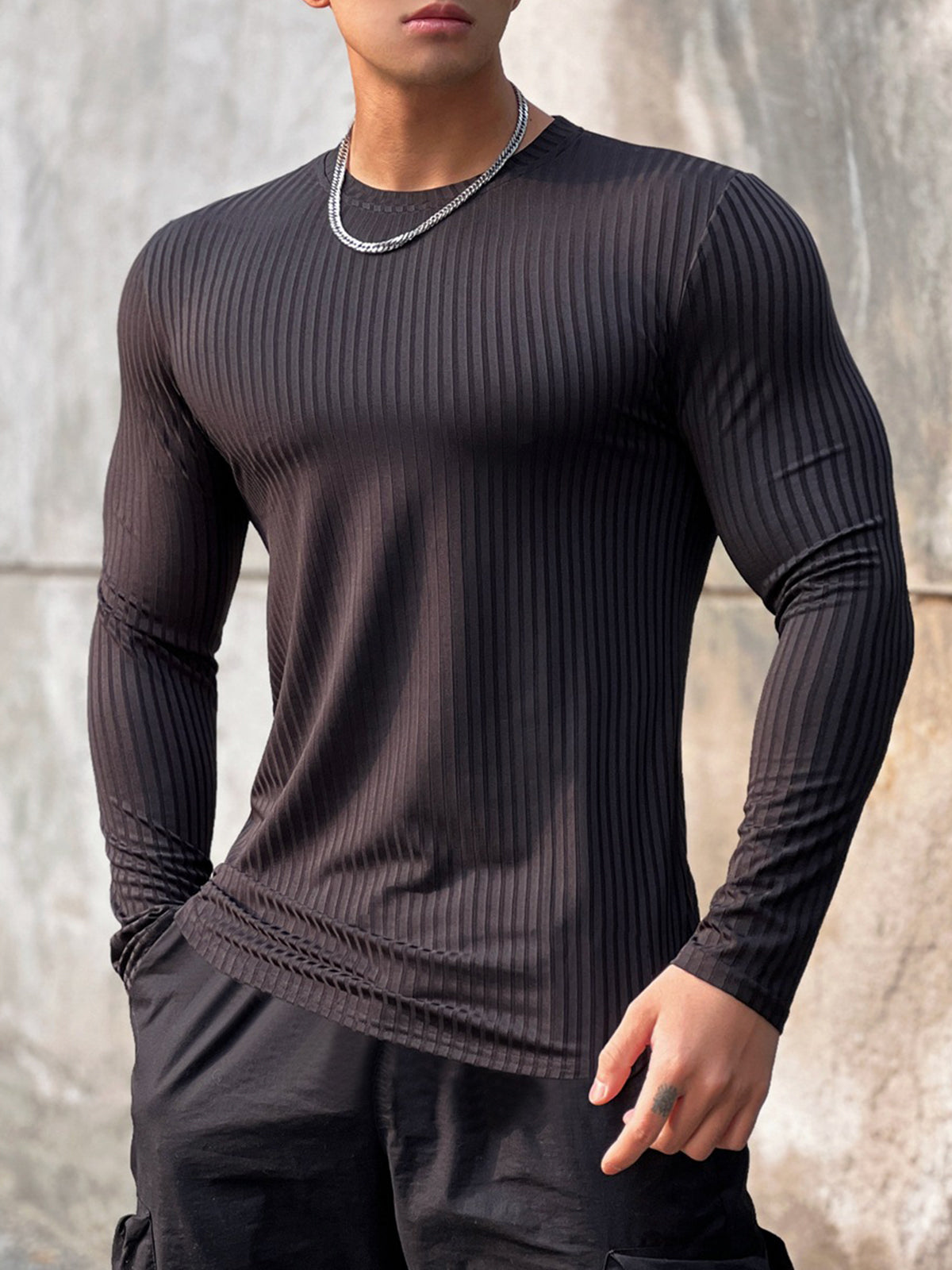 Stretch Rib Jersey Crewneck Long Sleeves T-shirt
