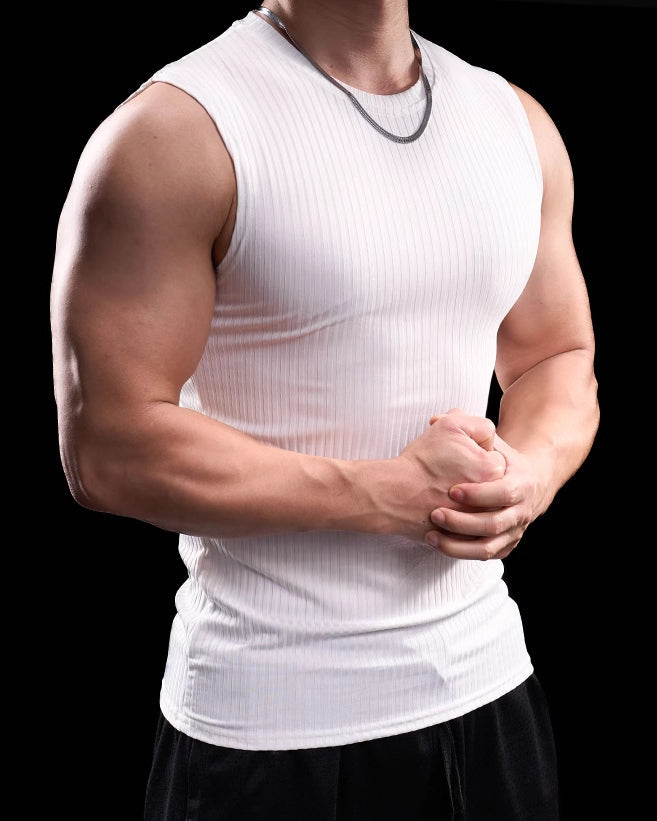 High Stretch Ribbed Stripe Crew Neck Vest