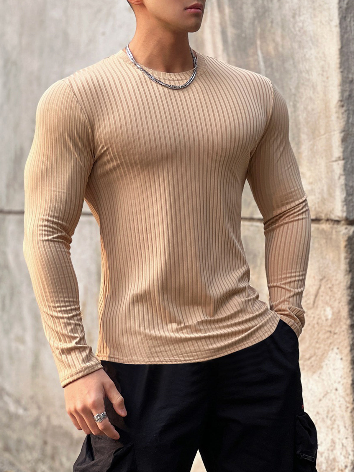 Stretch Rib Jersey Crewneck Long Sleeves T-shirt