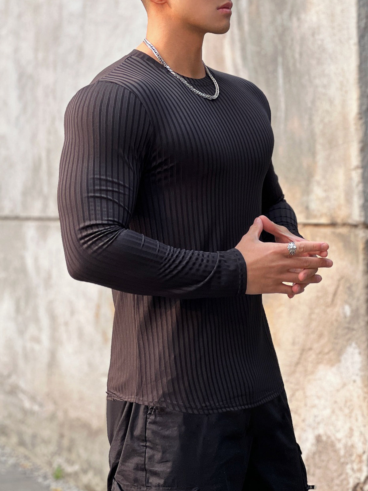 Stretch Rib Jersey Crewneck Long Sleeves T-shirt