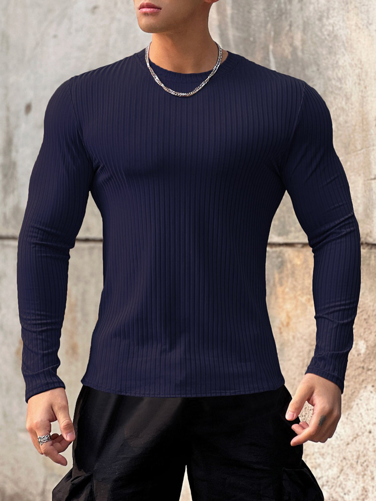 Stretch Rib Jersey Crewneck Long Sleeves T-shirt