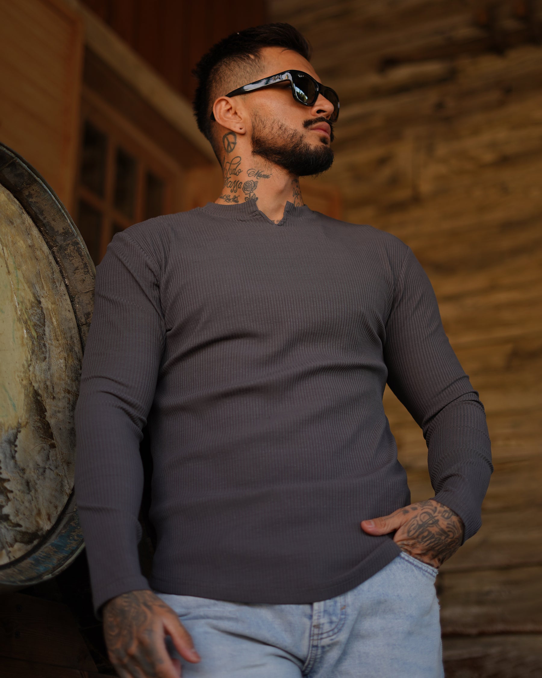 Muscle Fit V-Neck Long Sleeve Cotton Rib Knit Tech T-Shirt