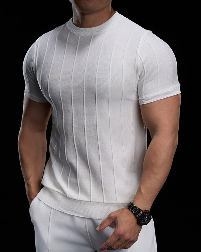 Ribbed Crew Neck Knit Tee Short Sleeves