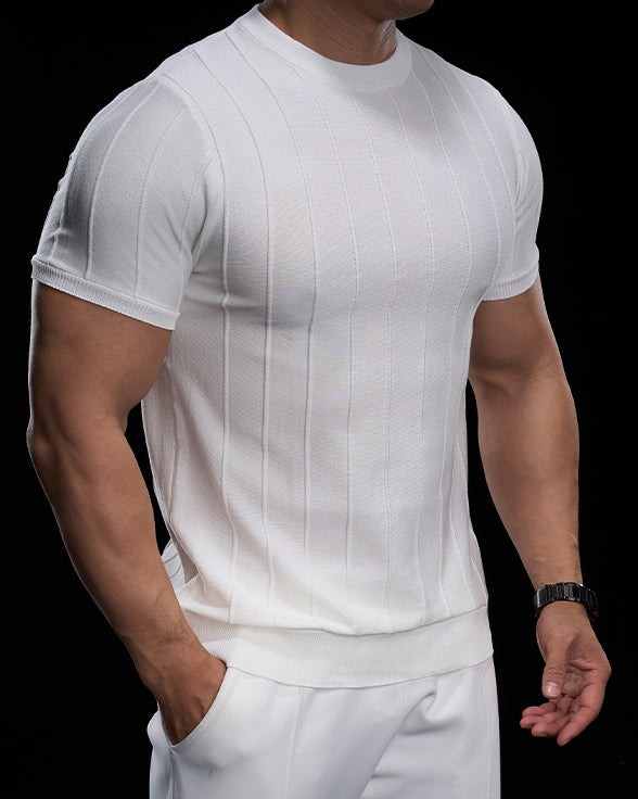 Ribbed Crew Neck Knit Tee Short Sleeves