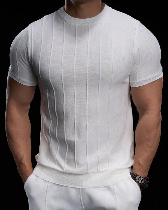 Ribbed Crew Neck Knit Tee Short Sleeves
