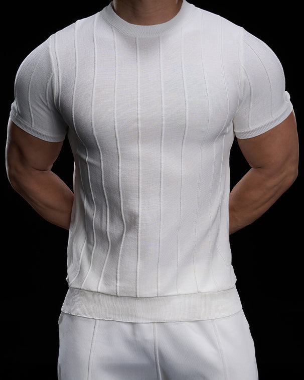 Ribbed Crew Neck Knit Tee Short Sleeves