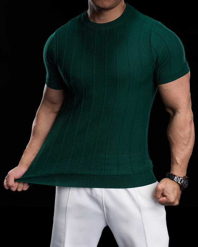 Ribbed Crew Neck Knit Tee Short Sleeves