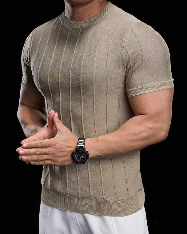 Ribbed Crew Neck Knit Tee Short Sleeves