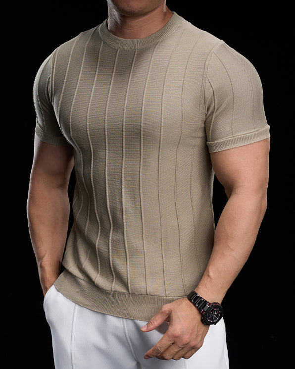 Ribbed Crew Neck Knit Tee Short Sleeves