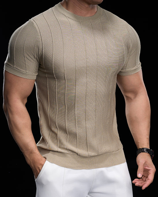 Ribbed Crew Neck Knit Tee Short Sleeves