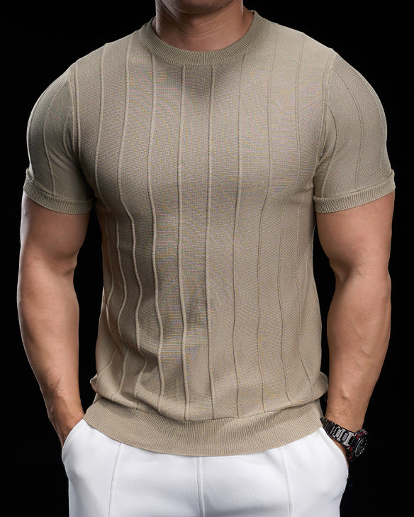 Ribbed Crew Neck Knit Tee Short Sleeves