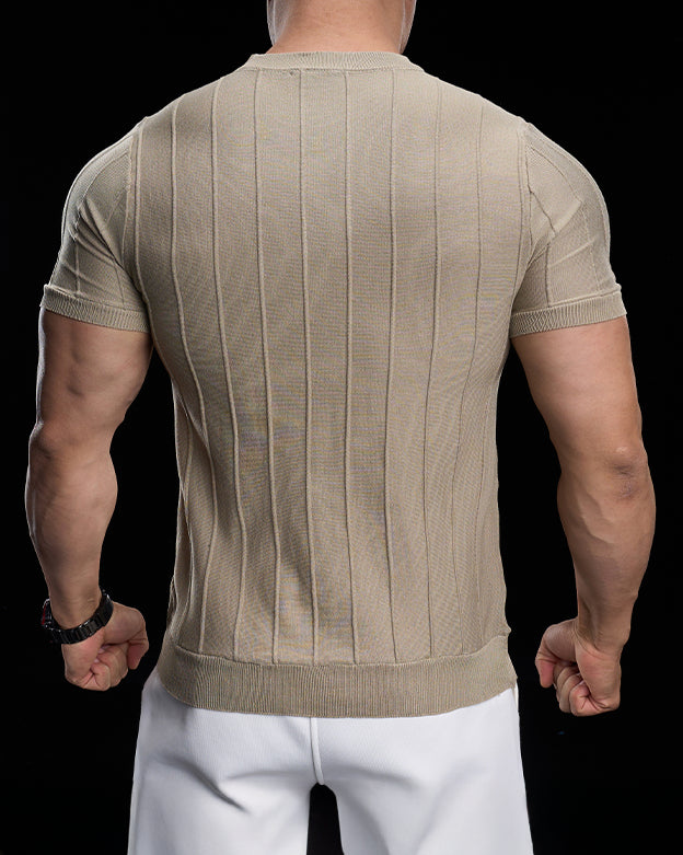 Ribbed Crew Neck Knit Tee Short Sleeves