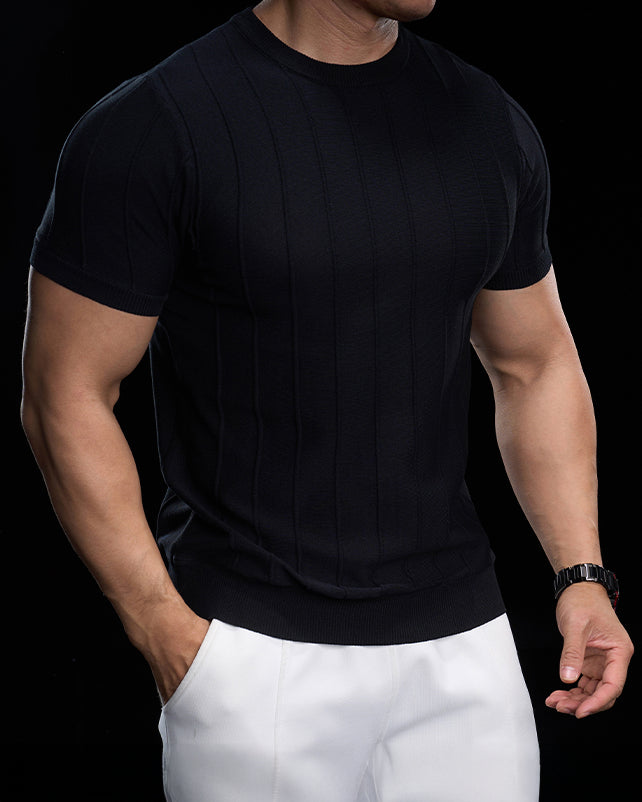 Ribbed Crew Neck Knit Tee Short Sleeves