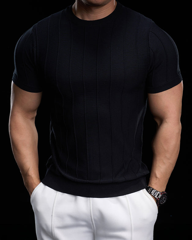 Ribbed Crew Neck Knit Tee Short Sleeves