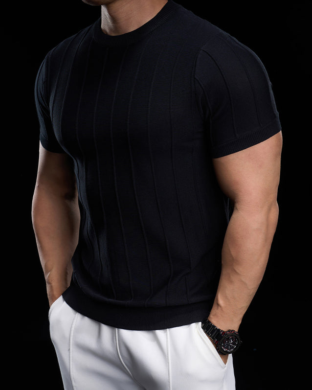 Ribbed Crew Neck Knit Tee Short Sleeves