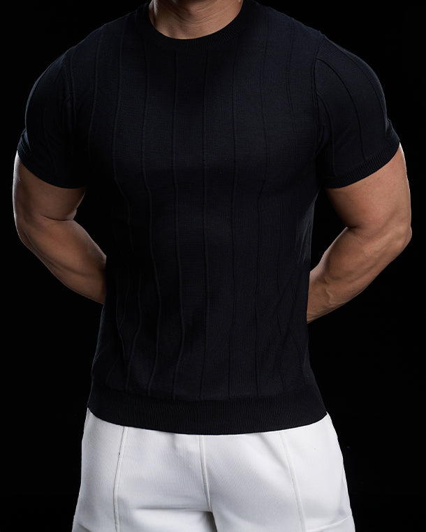 Ribbed Crew Neck Knit Tee Short Sleeves