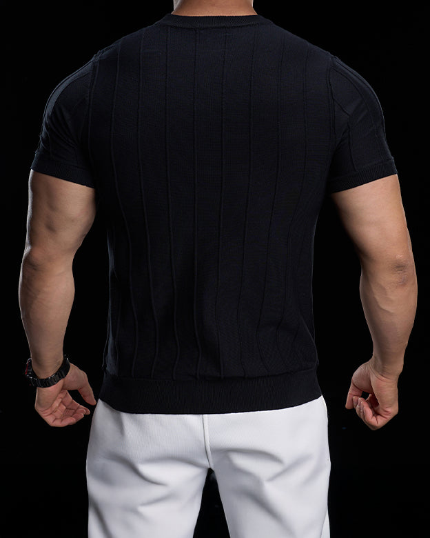 Ribbed Crew Neck Knit Tee Short Sleeves