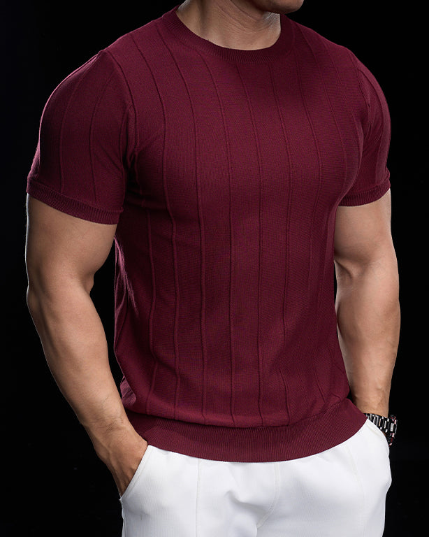 Ribbed Crew Neck Knit Tee Short Sleeves