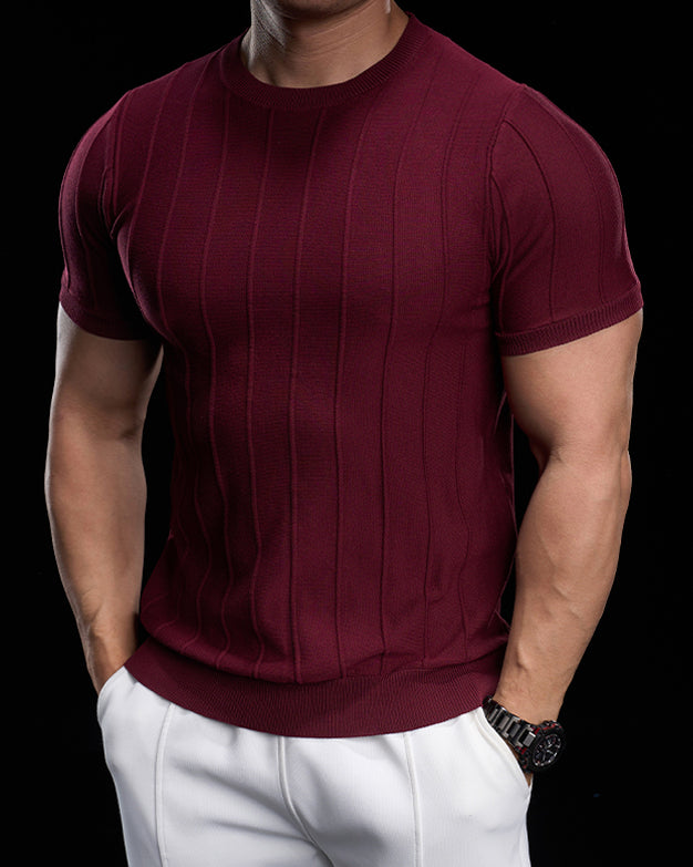 Ribbed Crew Neck Knit Tee Short Sleeves