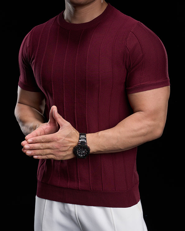 Ribbed Crew Neck Knit Tee Short Sleeves