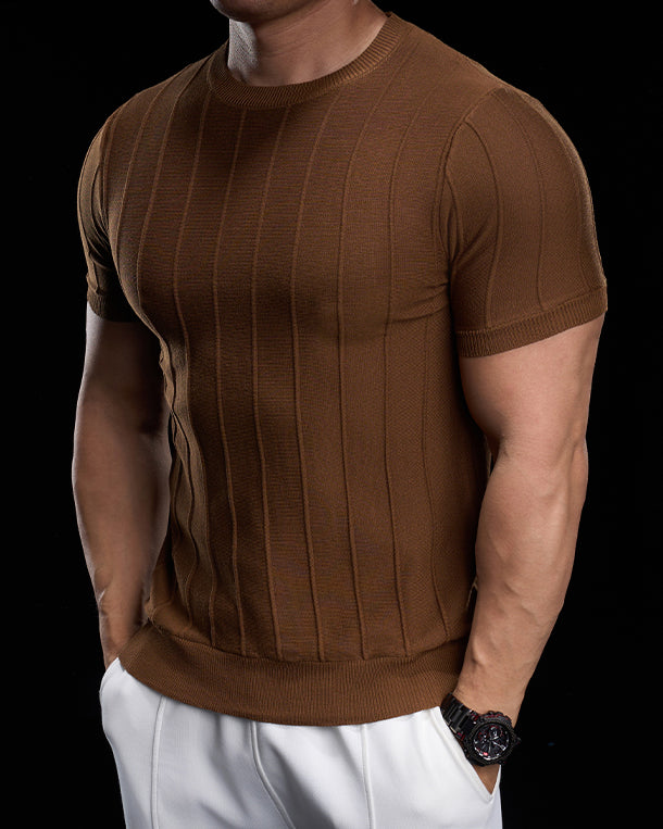 Ribbed Crew Neck Knit Tee Short Sleeves