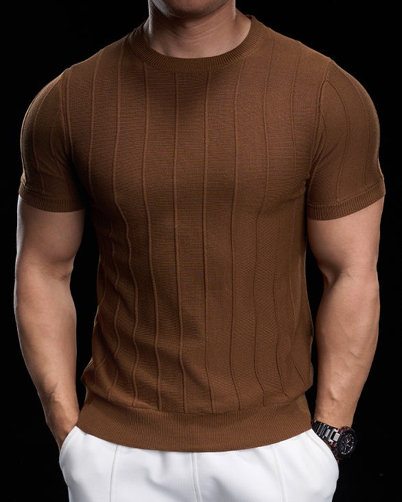 Ribbed Crew Neck Knit Tee Short Sleeves