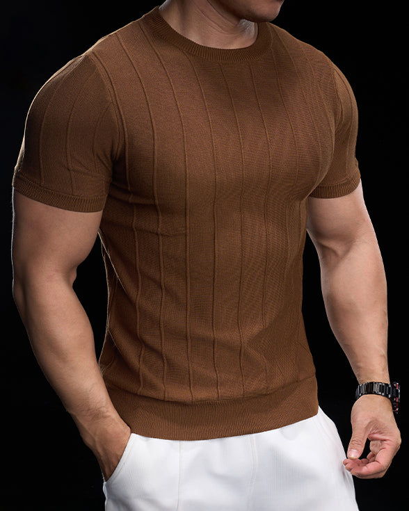 Ribbed Crew Neck Knit Tee Short Sleeves