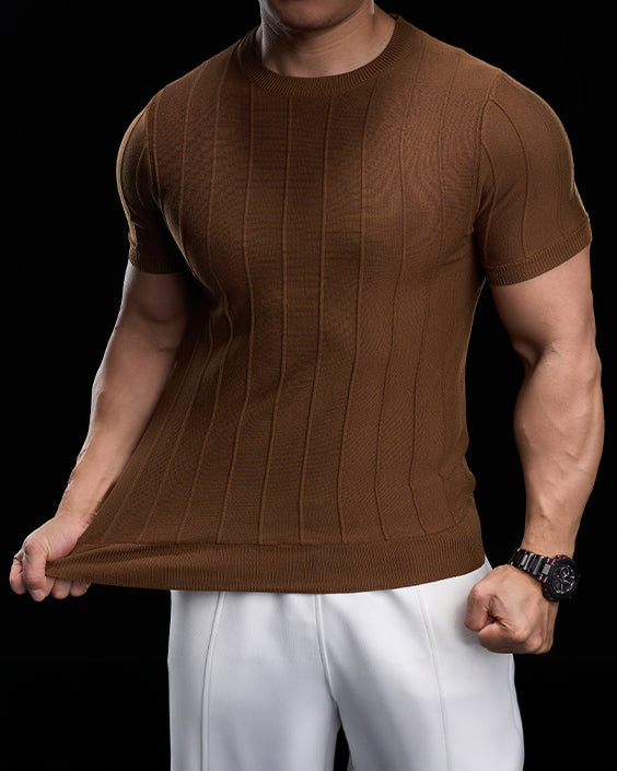 Ribbed Crew Neck Knit Tee Short Sleeves
