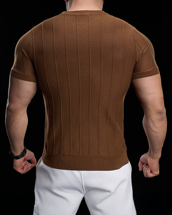 Ribbed Crew Neck Knit Tee Short Sleeves