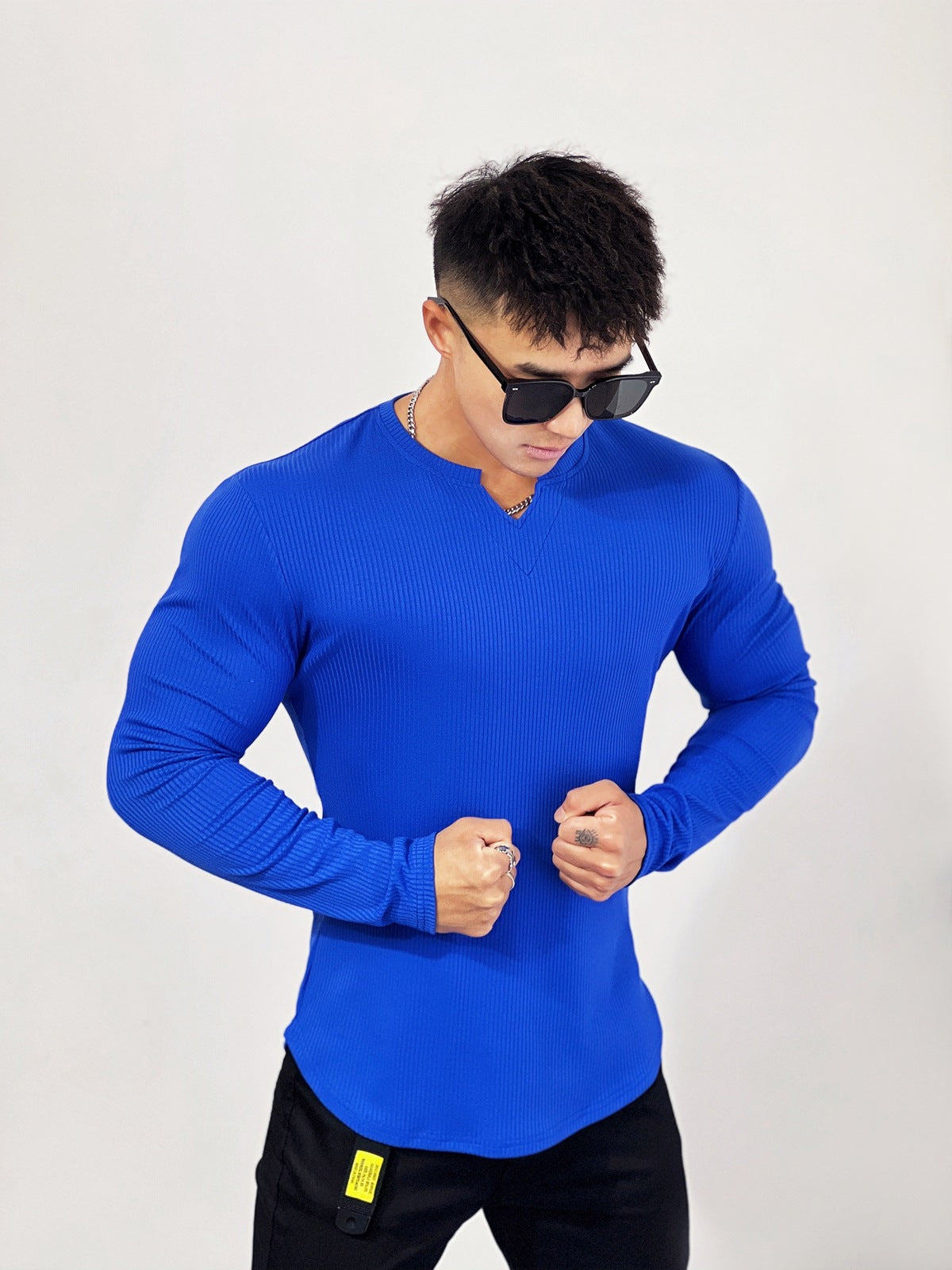 Muscle Fit V-Neck Long Sleeve Cotton Rib Knit Tech T-Shirt