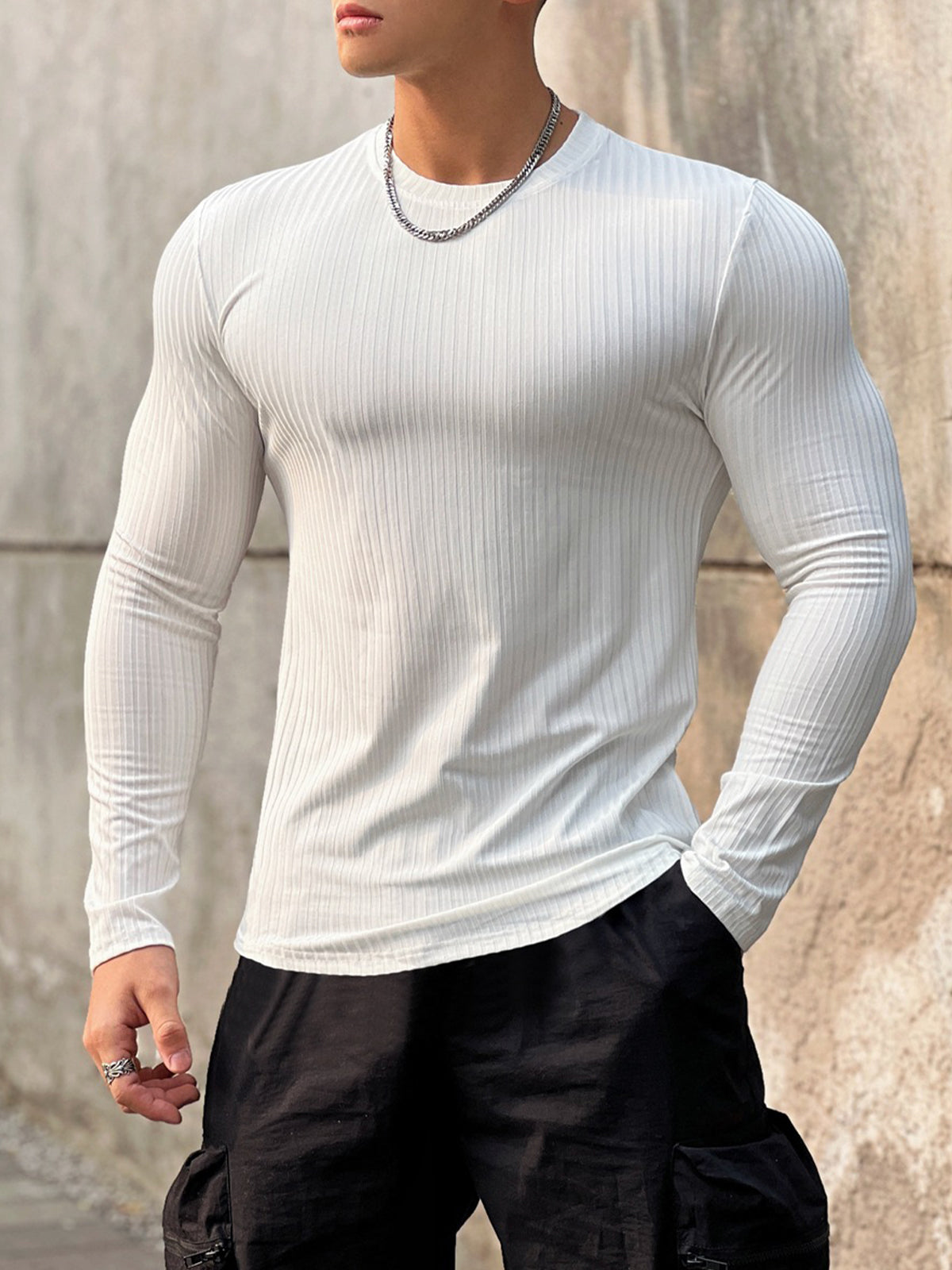 Stretch Rib Jersey Crewneck Long Sleeves T-shirt