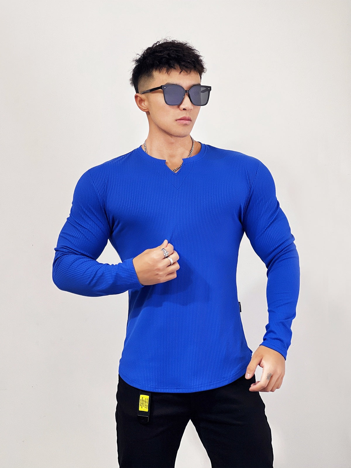 Muscle Fit V-Neck Long Sleeve Cotton Rib Knit Tech T-Shirt