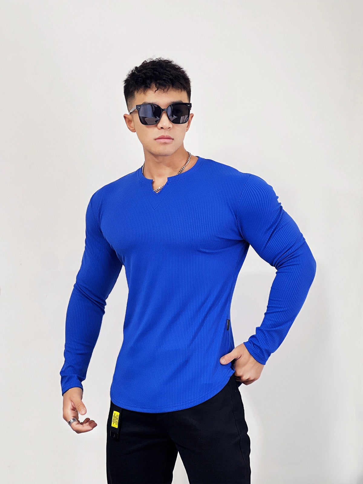 Muscle Fit V-Neck Long Sleeve Cotton Rib Knit Tech T-Shirt